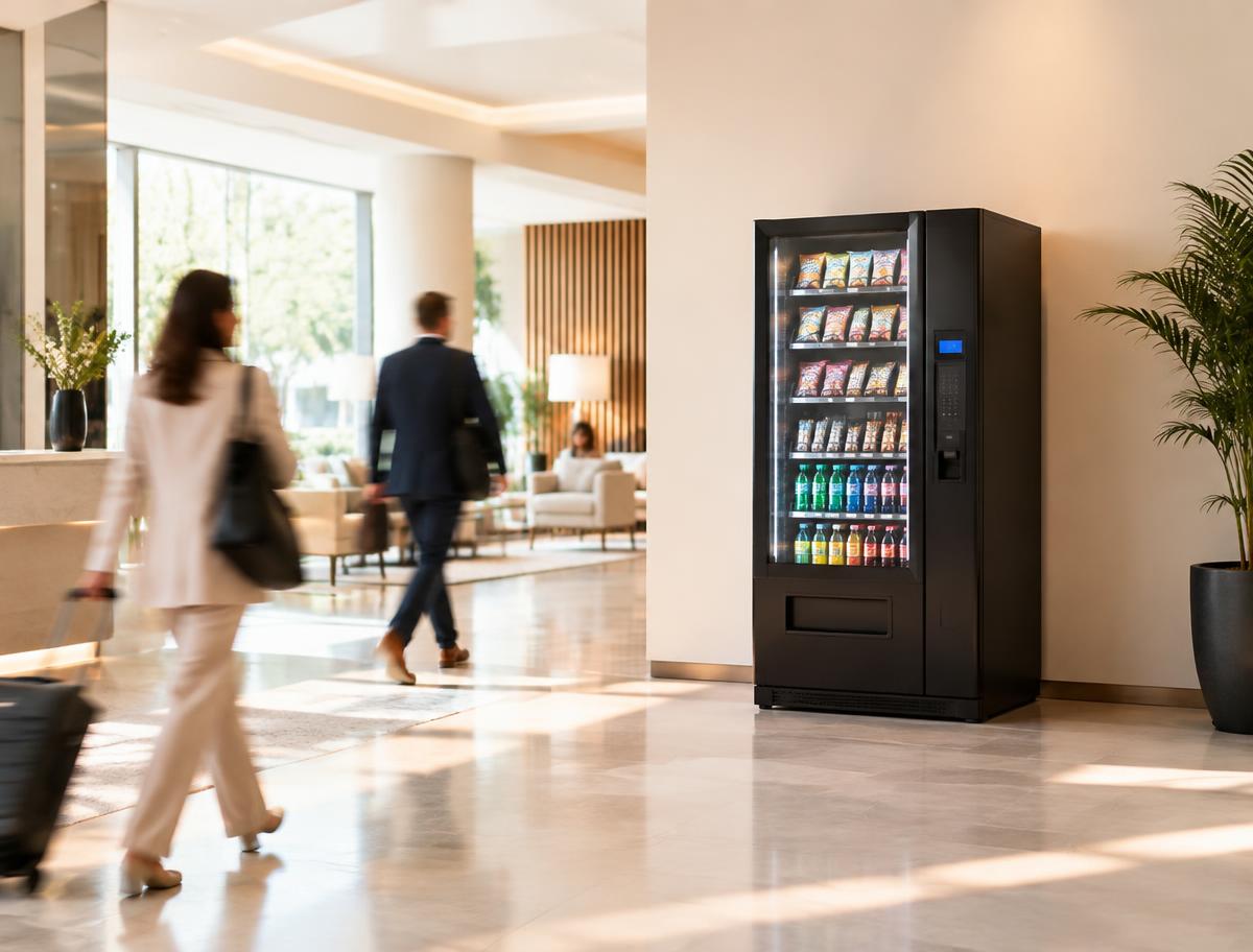 Vending machine in a bright hotel lobby